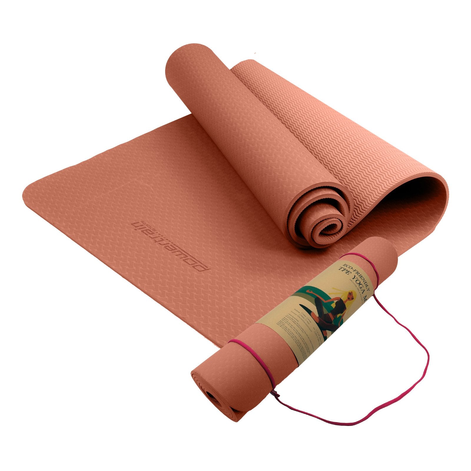 Powertrain 6mm Non-Slip TPE Yoga Mat Double Layer Exercise Pilates Fitness Workout Mat with Carry Strap - Pink